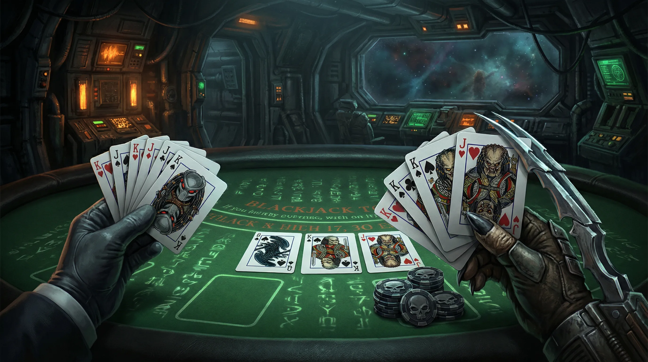 Blackjack Espacial - Mesa de 21 com cartas temáticas de Predador e Alien